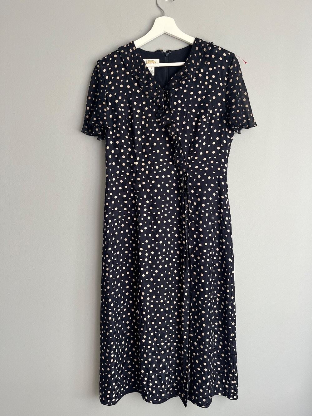 Talbots Women's 100% Silk Polka Dot Midi Dress Navy 8 Ruffle Faux Wrap Coquette